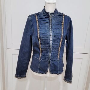 Vintage Y2K Women's Denim Military Style Jacket with Tan Accents | Size Large
